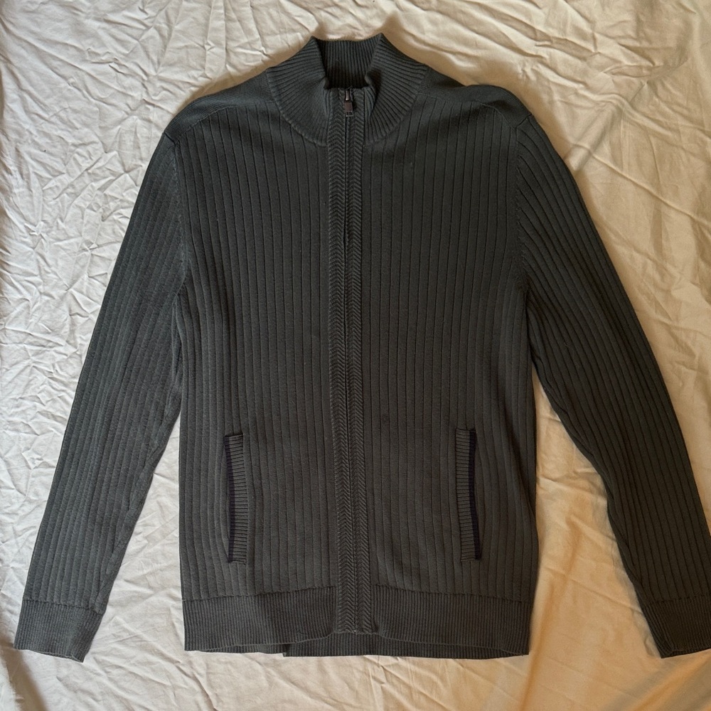 Men's Olive Green Alfani Ribbed Zip-front Sweater, M